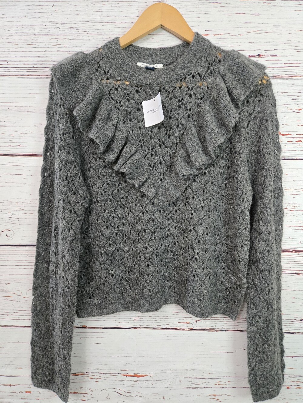 American Eagle Ruffle Pointelle Knit Sweater Gray Size Large NWT
